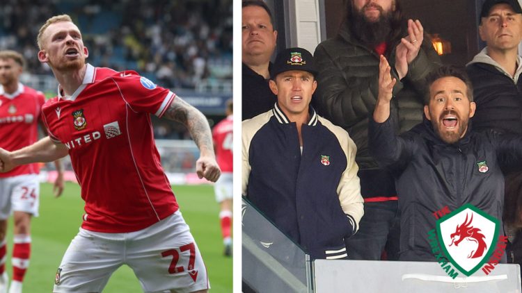 Split image of Wrexham player Lewis O'Brien celebrating, and Wrexham co-owners Rob Mac and Ryan Reynolds celebrating.
