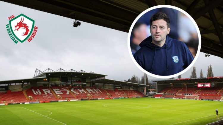 A general view of Wrexham's Racecourse stadium. Inset a picture of West Brom manager Ryan Mason.