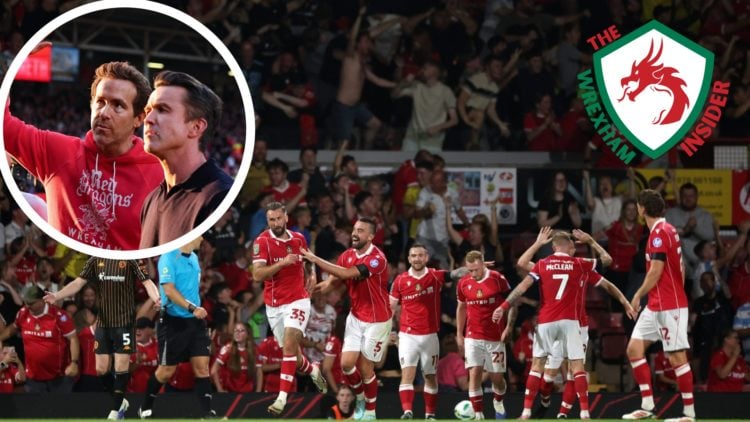 The Wrexham players celebrate Ollie Palmer's goal. Inset a picture of Wrexham co-owners Ryan Reynolds and Rob Mac looking on.