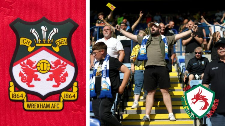 Split image of the official club badge of Wrexham AFC, and the Sheffield Wednesday fans celebrating.
