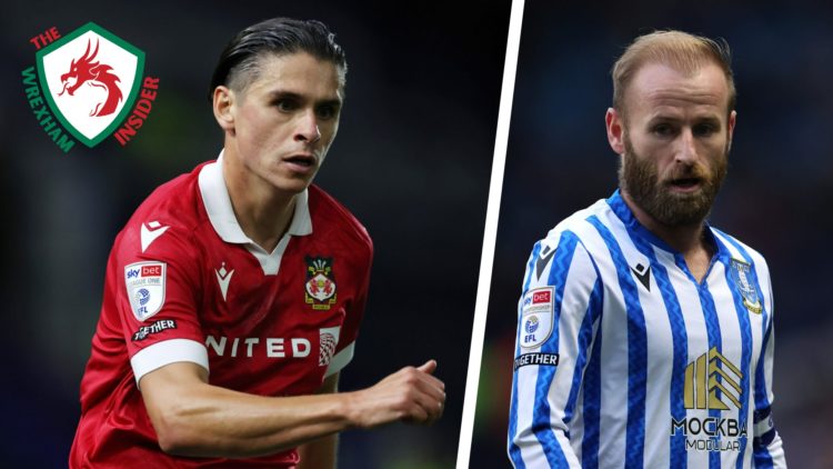 Split image of Wrexham midfielder George Dobson in action, and Sheffield Wednesday midfielder Barry Bannan in action.
