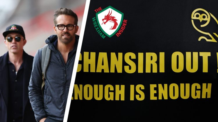 Split image of Wrexham co-owners Rob Mac and Ryan Reynolds, and a Sheffield Wednesday banner protesting Dejphon Chansiri.
