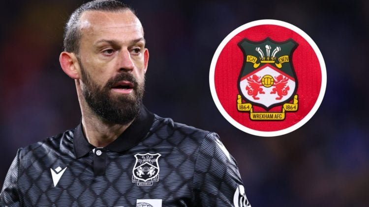 Wrexham striker Steven Fletcher in action. Inset a picture of the official club badge of Wrexham.