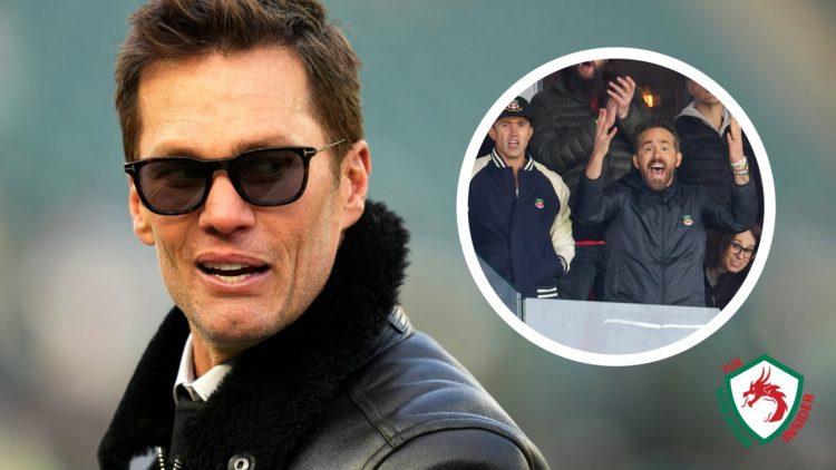 Birmingham City minority investor Tom Brady looks on. Inset a picture of Wrexham co-owners Ryan Reynolds and Rob Mac celebrating a goal.