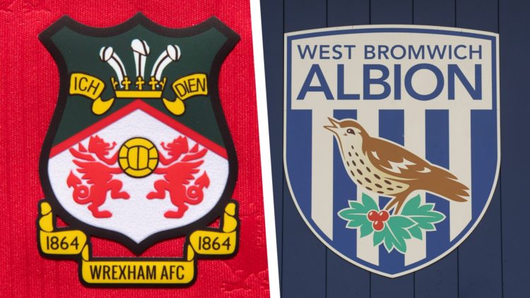 Split image of the official club badges of Wrexham and West Bromwich Albion.