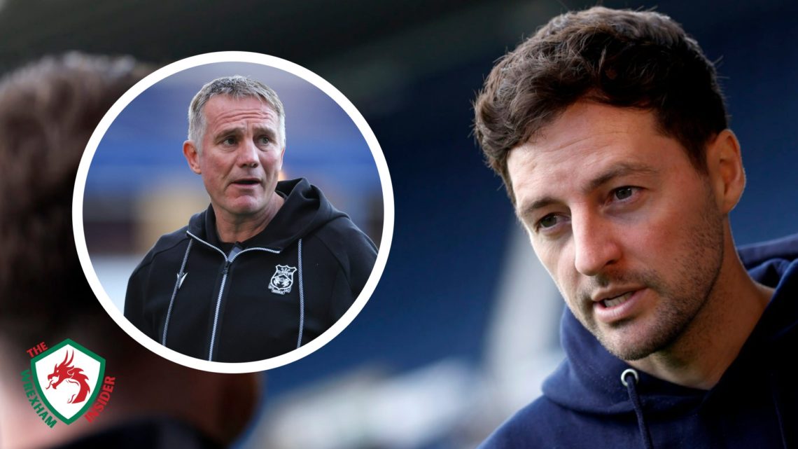 West Brom manager Ryan Mason speaks to the press. Inset a picture of Wrexham manager Phil Parkinson during a game.