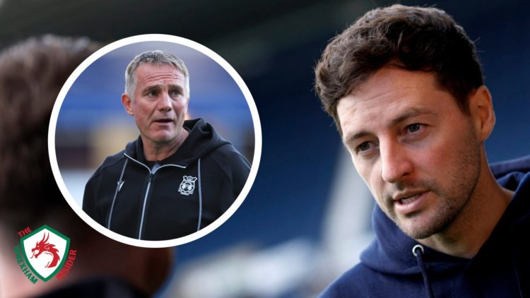 West Brom manager Ryan Mason speaks to the press. Inset a picture of Wrexham manager Phil Parkinson during a game.