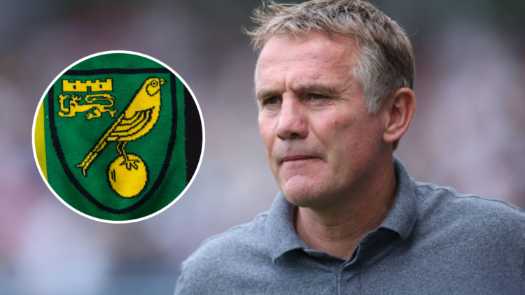 Phil Parkinson manager of Wrexham during the Sky Bet Championship match between Millwall and Wrexham AFC at The Den. Inset, Norwich City badge on a...