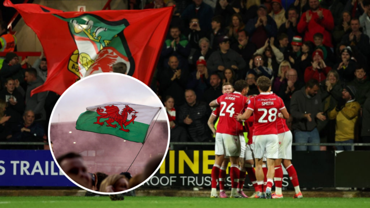 Nathan Broadhead of Wrexham celebrates after he scores his sides first goal during the Carabao Cup Third Round match between Wrexham and Reading. I...