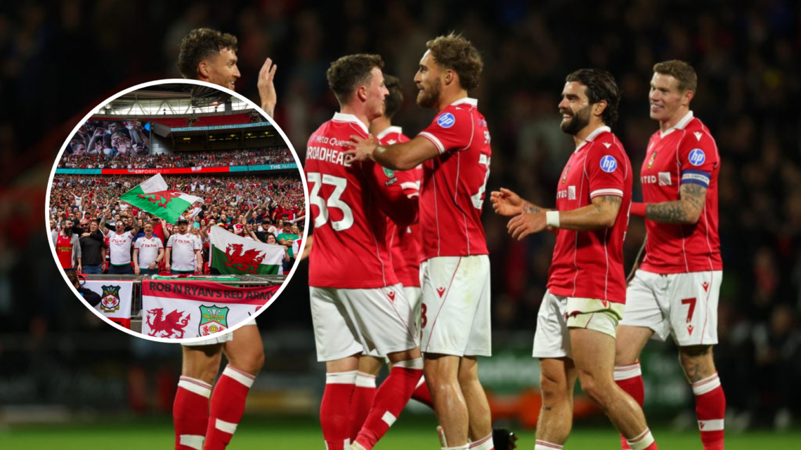 Nathan Broadhead of Wrexham celebrates after he scores his sides second goal during the Carabao Cup Third Round match between Wrexham and Reading. ...