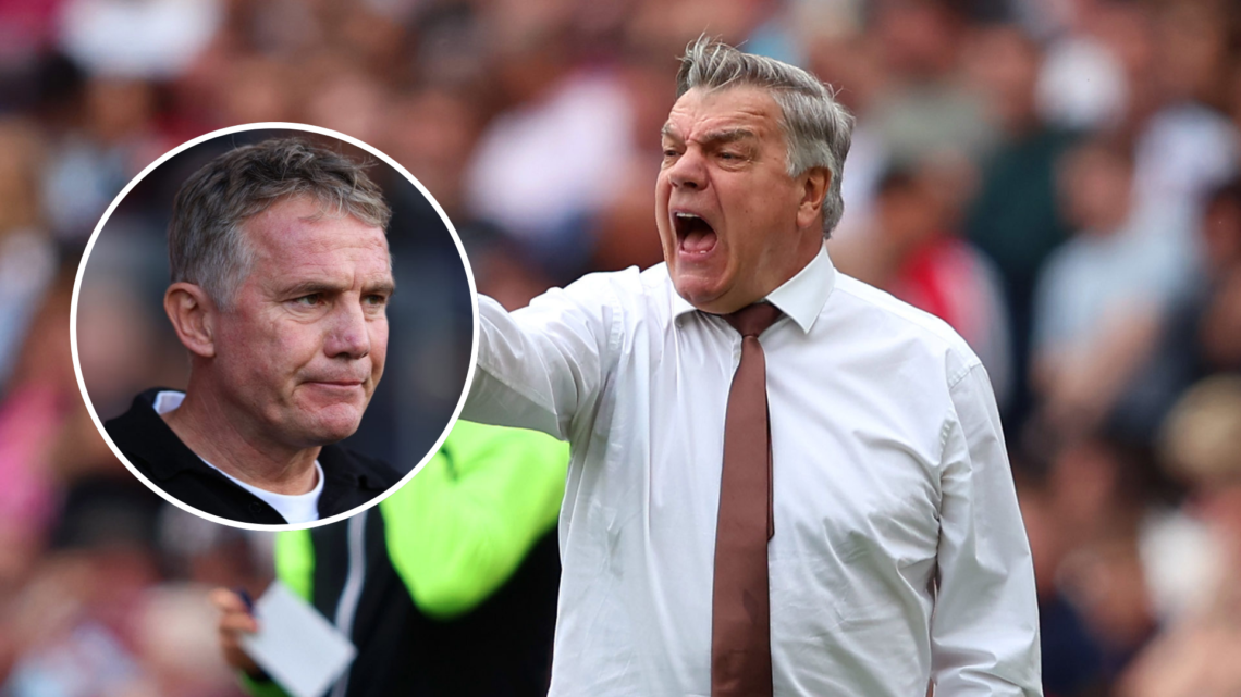 Sam Allardyce, Manager of Leeds United, reacts during the Premier League match between West Ham United and Leeds United . Inset, Phil Parkinson, Ma...