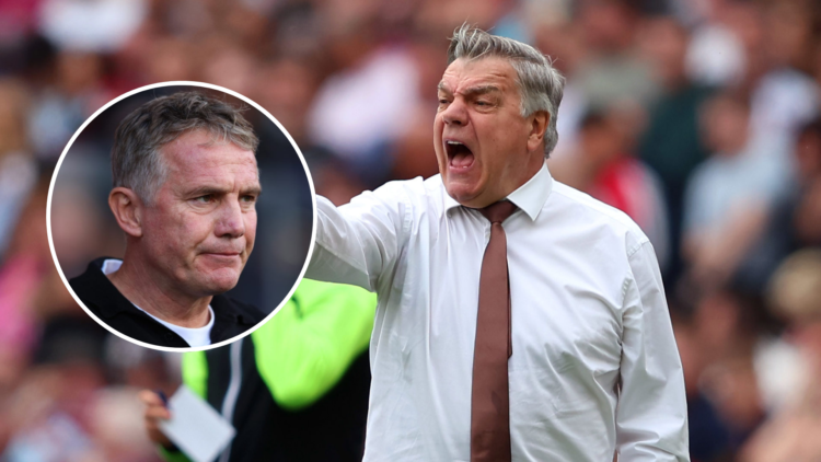 Sam Allardyce, Manager of Leeds United, reacts during the Premier League match between West Ham United and Leeds United . Inset, Phil Parkinson, Ma...