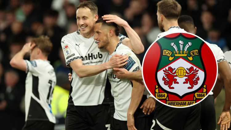 Jerry Yates of Derby County (C) celebrates scoring his team's second goal with teammates Craig Forsyth (L) and Nathaniel Phillips during the Sky Be...