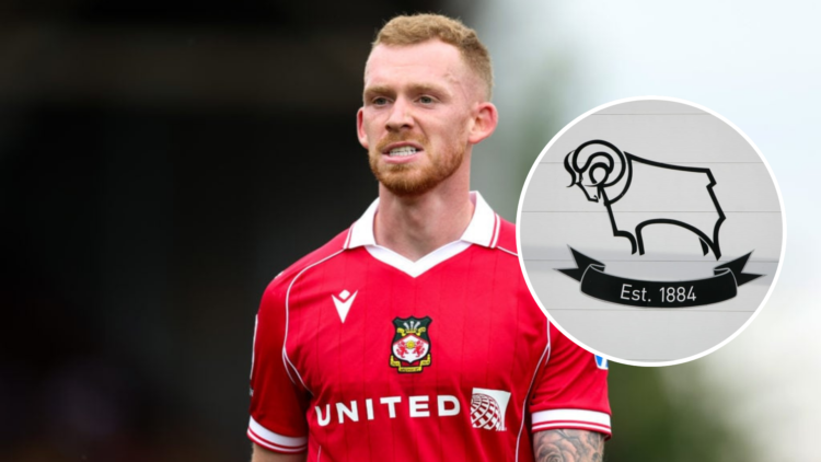 Lewis O'Brien of Wrexham looks on during the Sky Bet Championship match between Wrexham AFC and Sheffield Wednesday. Inset, Logo / badge at Pride P...