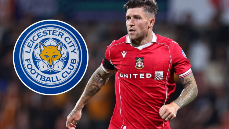 Josh Windass of Wrexham during the Carabao Cup first round match between Wrexham and Hull City at Racecourse Ground. Inset, The official Leicester ...
