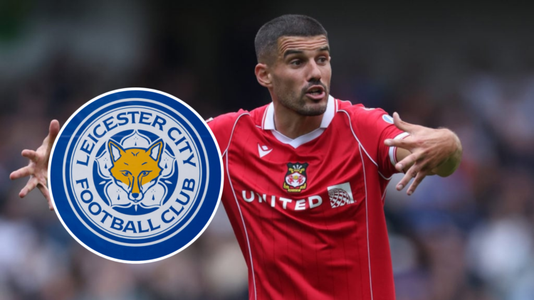 Conor Coady of Wrexham during the Sky Bet Championship match between Millwall and Wrexham AFC. Inset, The official Leicester City badge ahead of th...