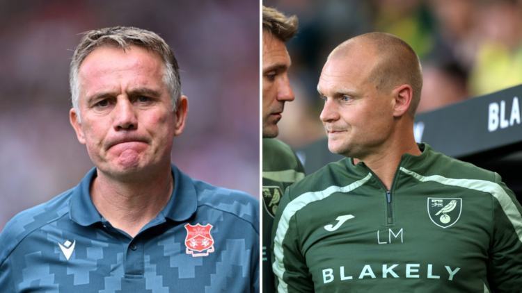 Left, Phil Parkinson, Manager of Wrexham looks on prior to the Sky Bet Championship match between Southampton and Wrexham AFC. Right, Liam Manning,...