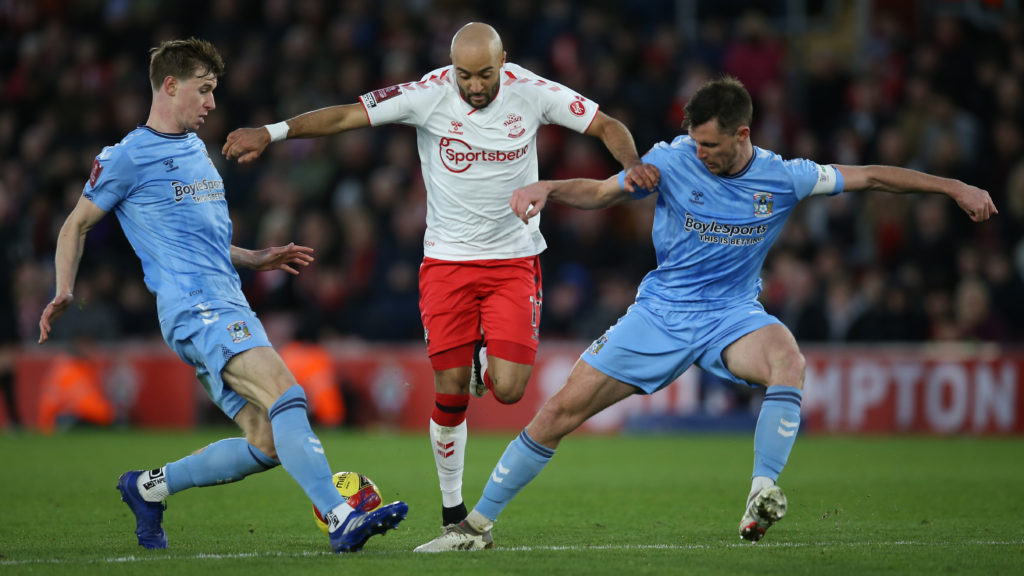 Ben Sheaf and Dominic Hyam challenge Nathan Redmond during Southampton v Coventry City in the The Emirates FA Cup Fourth Round clash.