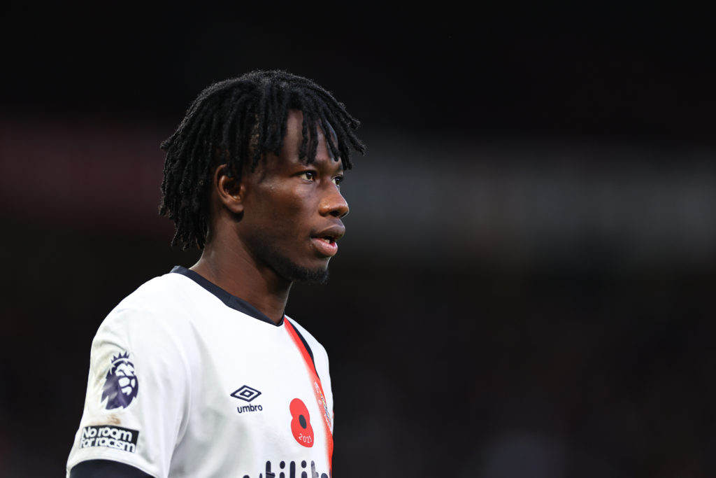 Issa Kabore in action for Luton Town against Manchester United