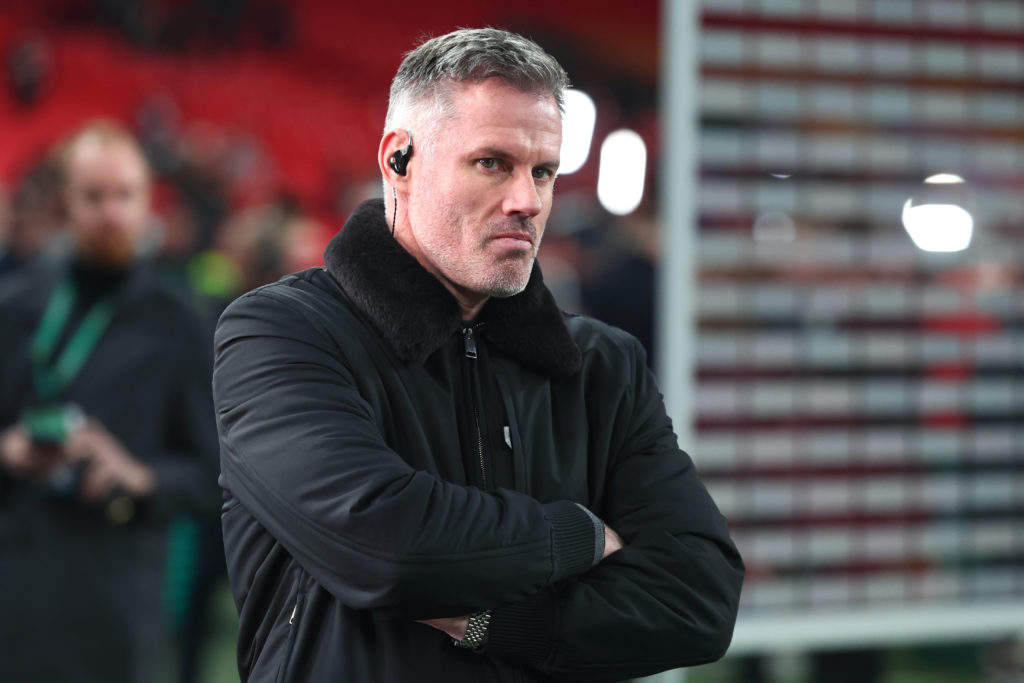 Pundit Jamie Carragher looks on during Newcastle United FC v Liverpool FC