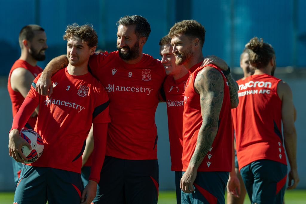 Lewis Brunt(L), Ollie Palmer, James McClean and Dan Scarr of Wrexham pose for a photo