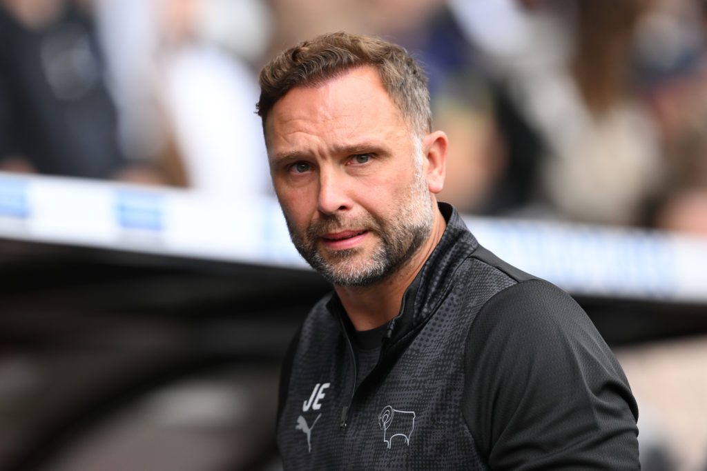 Derby County boss John Eustace looks on against Coventry City