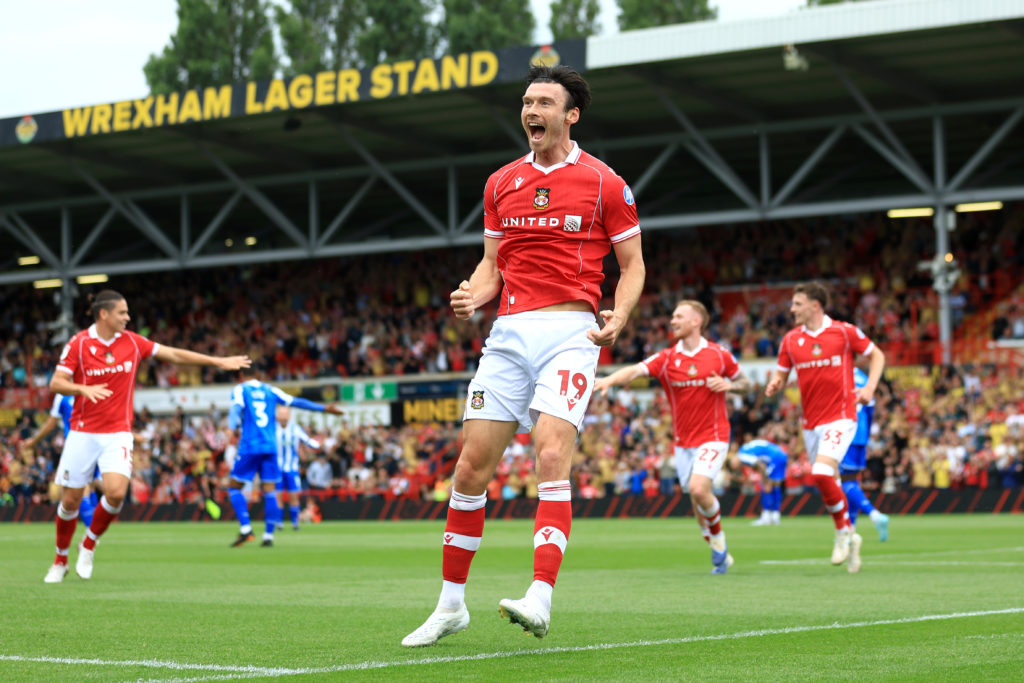 Kieffer Moore of Wrexham celebrates