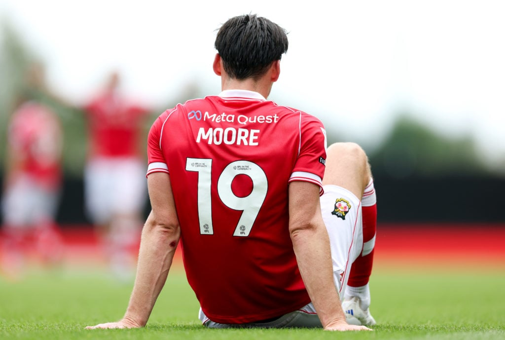 Kieffer Moore of Wrexham reacts