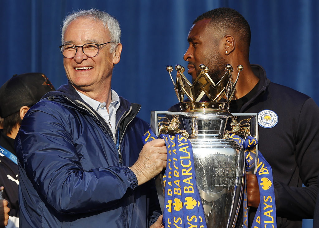 Claudio Ranieri celebrating Premier League with Wes Morgan at Leicester City