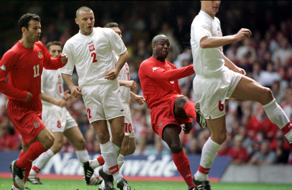 Nathan Blake shooting for Wales against Poland