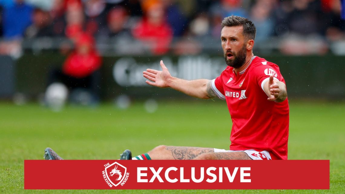 Image of Ollie Palmer of Wrexham reacts during the Sky Bet League Two match between Wrexham and Milton Keynes Dons, inset of Wrexham Insider exclus...