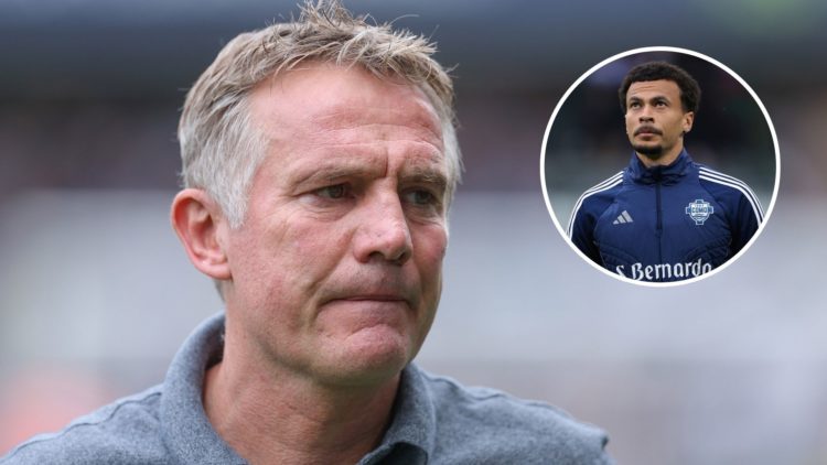 Image of Phil Parkinson manager of Wrexham during the Sky Bet Championship match between Millwall and Wrexham, inset of Dele Alli of Como 1907 reac...