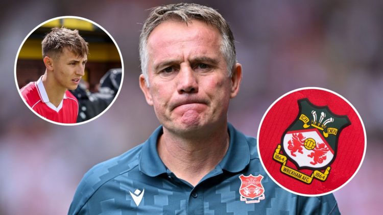 Image of Phil Parkinson, Manager of Wrexham looks on prior to the Sky Bet Championship match between Southampton and Wrexham, insets of Max Clewort...
