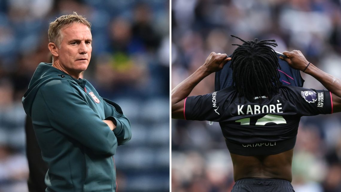 Split Image of Wrexham manager Phil Parkinson looks on during the Carabao Cup Second Round match between Preston North End and Wrexham, Issa Kabore...
