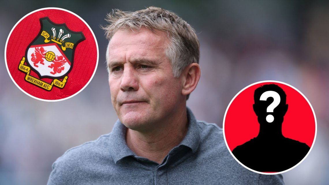 Image of Phil Parkinson Wrexham Manager during the Sky Bet Championship match between Millwall and Wrexham, inset of The official club badge of Wre...