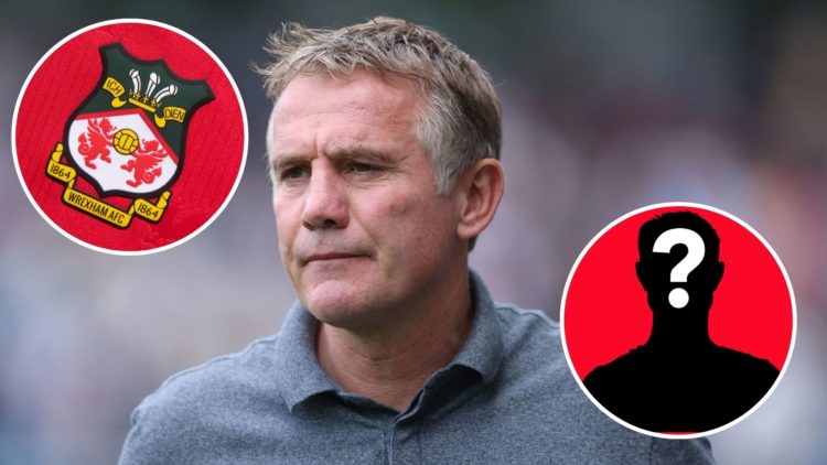 Image of Phil Parkinson Wrexham Manager during the Sky Bet Championship match between Millwall and Wrexham, inset of The official club badge of Wre...