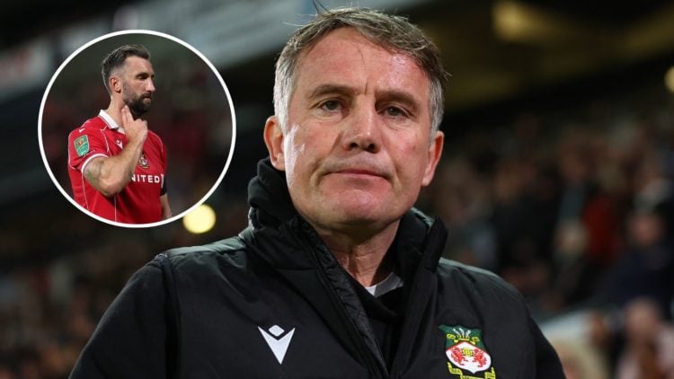 Image of Wrexham Head Coach Phil Parkinson during the Sky Bet League Two match between Milton Keynes Dons and Wrexham, inset of Ollie Palmer of Wre...