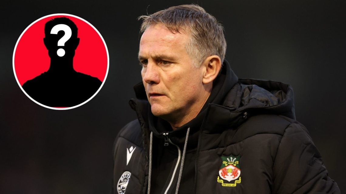 Image of Phil Parkinson, Manager of Wrexham looks on prior to the Emirates FA Cup First Round match between Harrogate Town and Wrexham AFC, inset o...