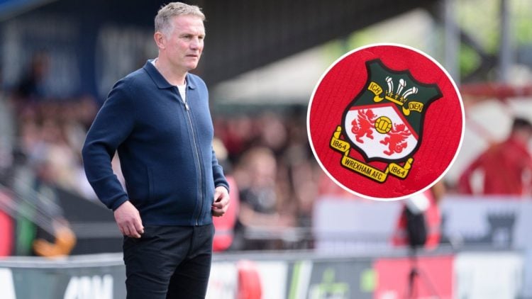 Image of Phil Parkinson, manager of Wrexham during the Sky Bet League One match between Lincoln City FC and Wrexham, inset of The official club bad...