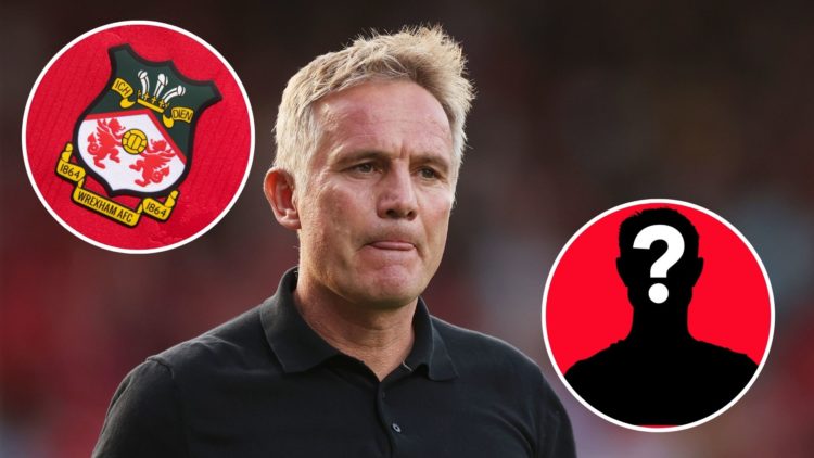 Image of Phil Parkinson, Manager of Wrexham, looks on prior to the Carabao Cup first round match between Wrexham and Hull City, inset of The offici...