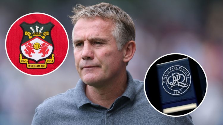Image of Phil Parkinson Wrexham Manager during the Sky Bet Championship match between Millwall and Wrexham, insets of The official club badge of Wr...