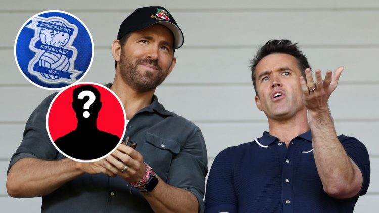 Image of Ryan Reynolds, Owner of Wrexham and Rob McElhenney, Actor and Co-Owner of Wrexham react prior to the Vanarama National League Play-Off Sem...