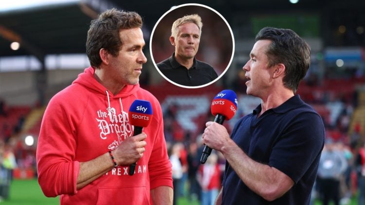 Image of Ryan Reynolds and Rob McElhenney co owners of Wrexham are interviewed by Sky Sports during the Sky Bet League One match between Wrexham AF...
