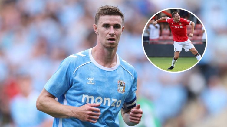 Image of Ben Sheaf of Coventry City during the pre-season friendly match between Coventry City and Real Betis, inset of Paul Mullin of Wrexham cele...