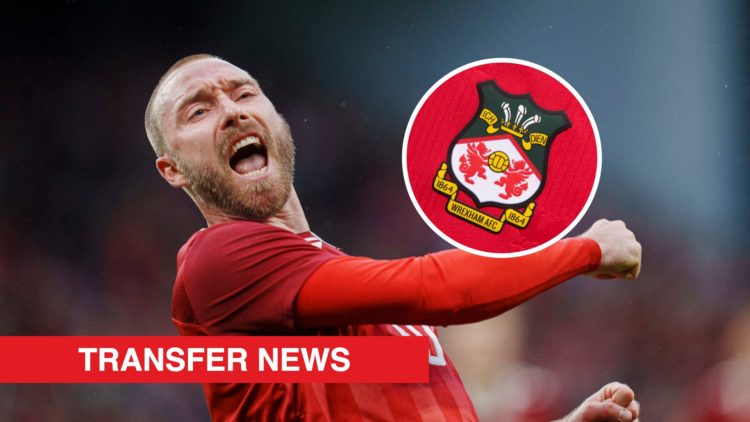 Christian Eriksen celebrates for Denmark. Inset, the Wrexham badge on a red home shirt and a red banner with 'transfer news' in white text.