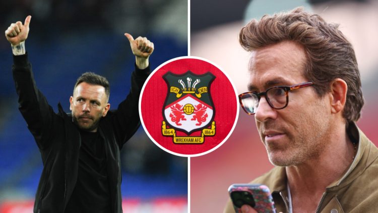 A split image of Wales boss Craig Bellamy (L) and Wrexham co-owner Ryan Reynolds (R). Inset, the Wrexham badge on a red home shirt.