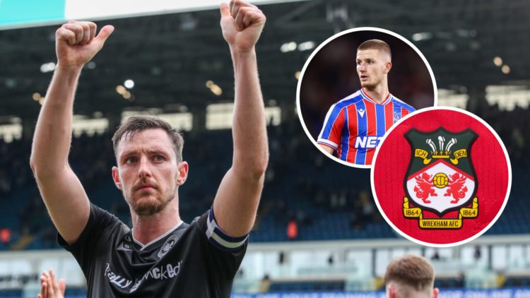Blackburn Rovers defender Dominic Hyam applauds fans. Inset, Crystal Palace midfielder Adam Wharton and the Wrexham badge