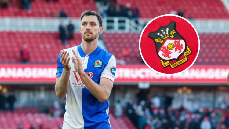 Dominic Hyam applauds Blackburn Rovers fans, Inset, the Wrexham badge on a red home shirt.