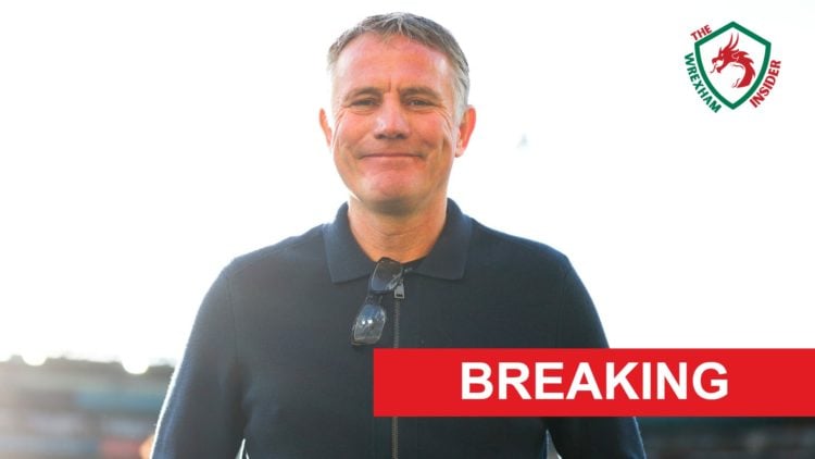 Phil Parkinson smiles during Wrexham's pre-season tour down under, inset of the Wrexham Insider logo.