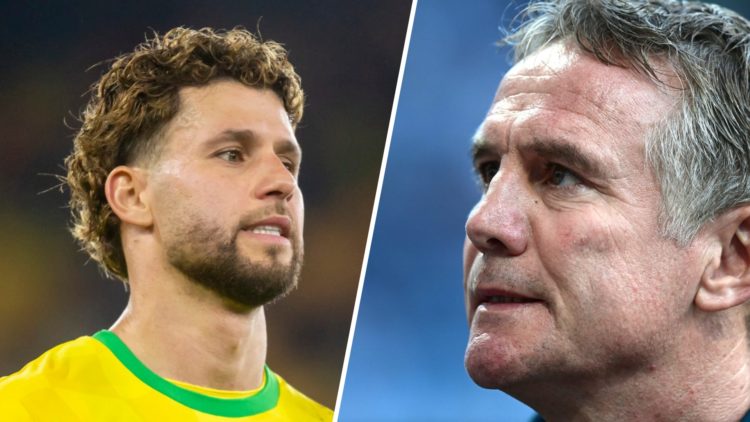 Emiliano Marcondes of Norwich City looks dejected (left), Wrexham manager Phil Parkinson looks on (right)